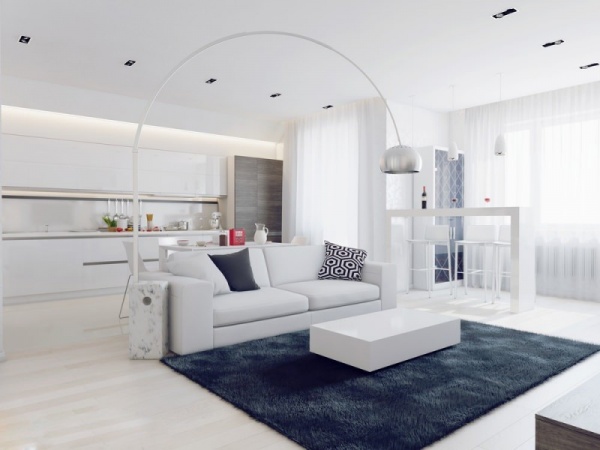 تصاميم الغرف البيضاء للمعيشة مع اضافة سجاد بالوان داكنة